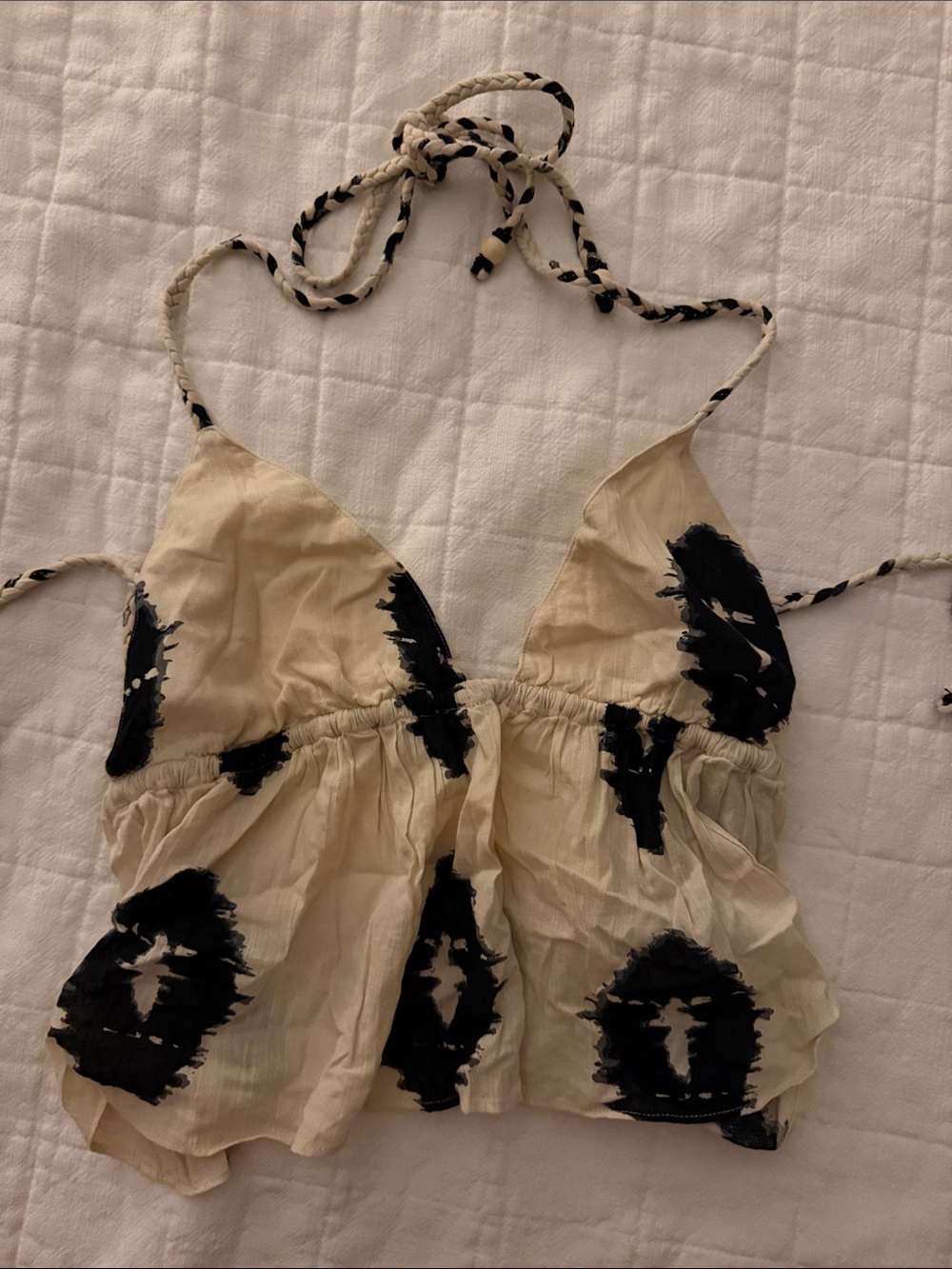 Zara Cream Halter Tank Top with Black Abstract Print open back
